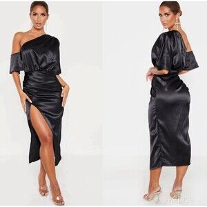 Prettylittlething Dress Womens US 8 Black Off The Shoulder Front Slit Ruched LBD
